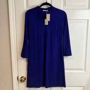 Ellie Kai Royal Blue Stretch Jersey 3/4 Sleeve Notch Collar Midi Dress Size 2